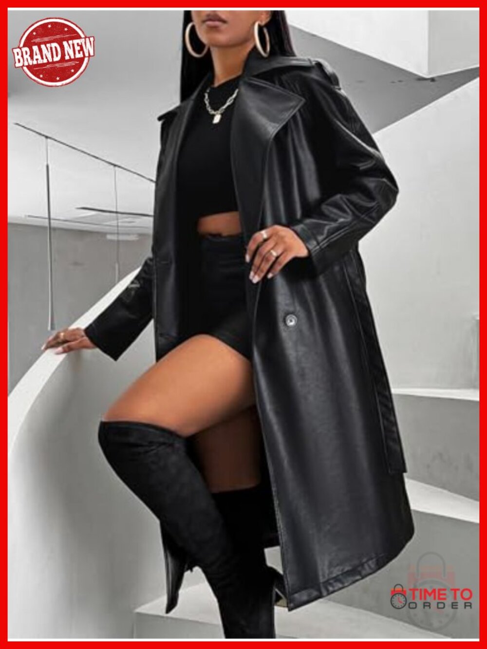 Faux Leather Trench Coat Long Button Open Front Belted Jacket with Pockets - Picture 2 of 6